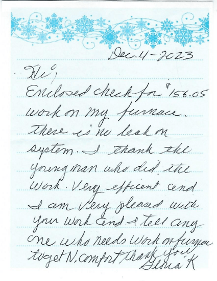 Thank you letter from a happy customer.